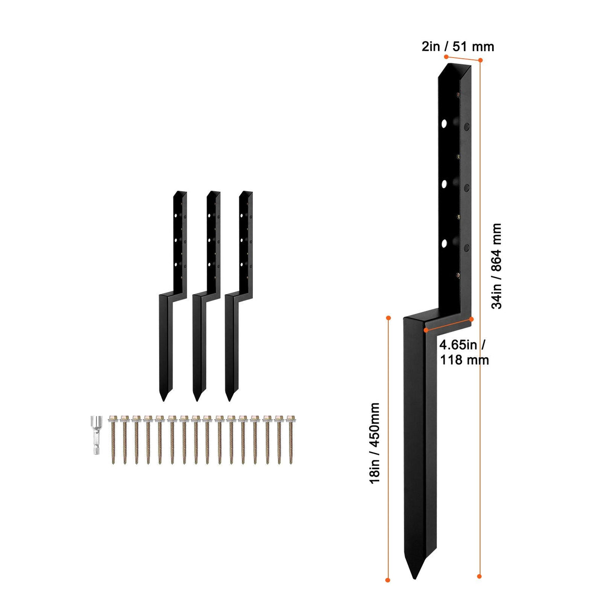 Fence Post Anchor Repair Kit, 4 Pack Inner Diameter 2 x2 Inches Heavy Duty Steel Fence Post Support Stakes, Anchor Ground Spike for Repair Tilted, Broken Wood Fence Post