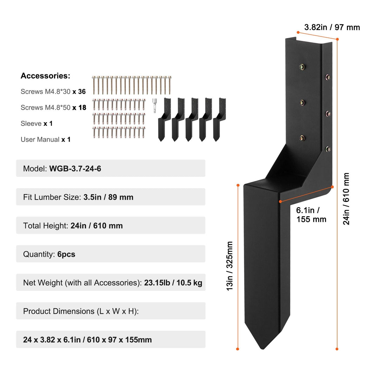 Fence Post Anchor Repair Kit, 6 Pack Inner Diameter 3.5 x3.5 Inches Heavy Duty Steel Fence Post Support Stakes, Anchor Ground Spike for Repair Tilted, Broken Wood Fence Post, Enveloping