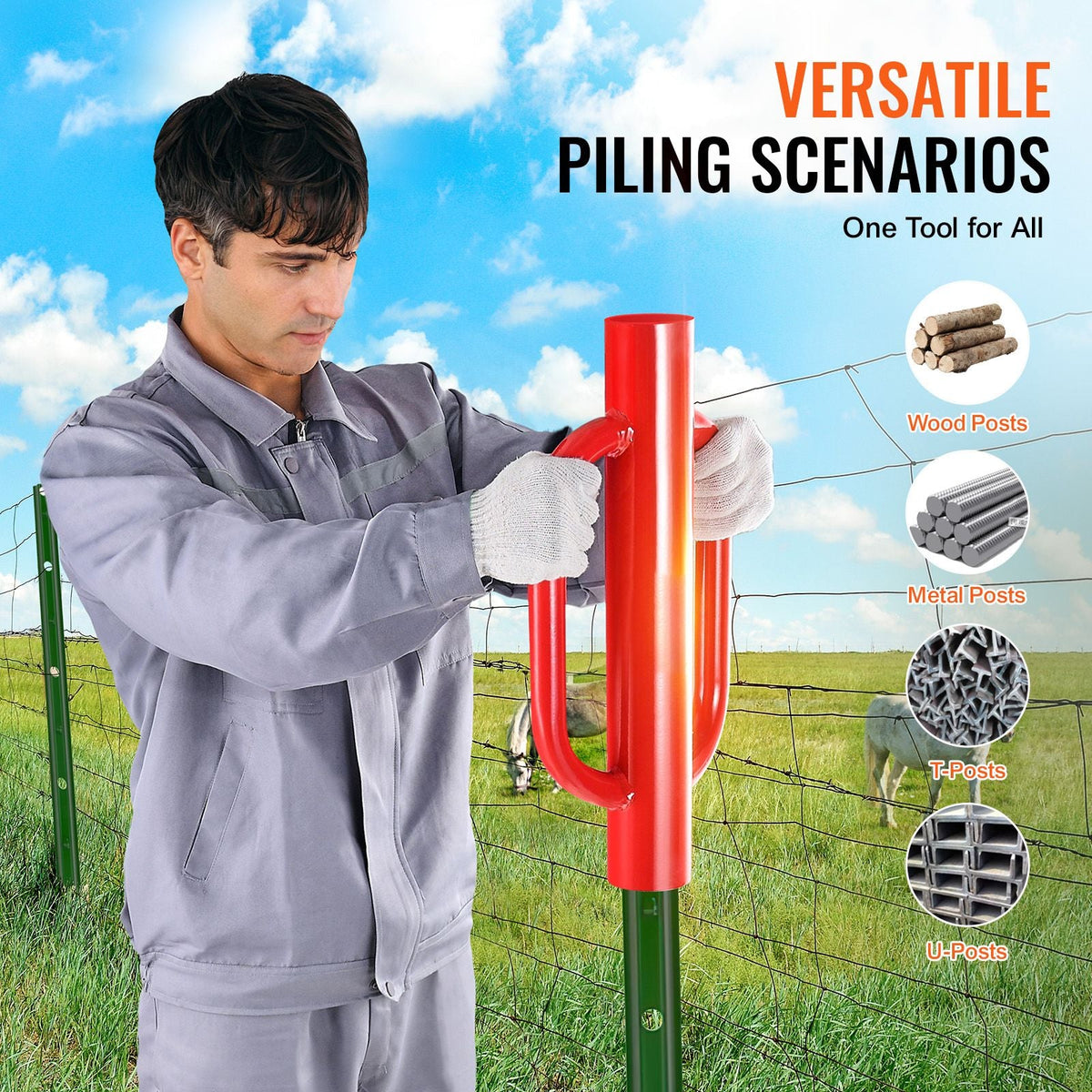 Fence Post Driver with Handles, 4.11 in Inner Diameter T Post Pole Pounder, 22LB Heavy Duty Carbon Steel Hand Post Rammer, Farm Fencing Hole Digger for U Channel, Sign Pole, Wooden Post, Red