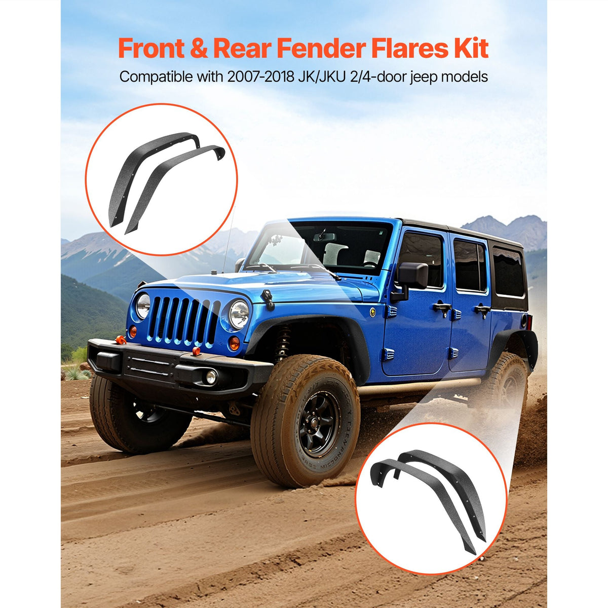 Fender Flare, Front & Rear Fender Flares Compatible with 2007-2018 Jeeps JK/JKU 2/4 Doors, Fine-Textured Black Paintable Off-Road Steel Liner Set, Fenders for Jeep JK, Rust-Resistant Coating