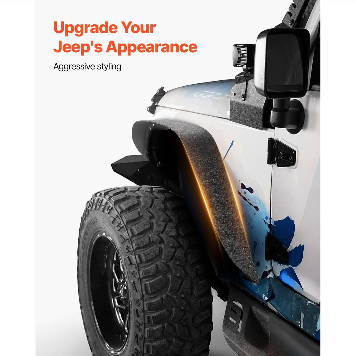 Fender Flare, Front & Rear Fender Flares Compatible with 2007-2018 Jeeps JK/JKU 2/4 Doors, Fine-Textured Black Paintable Off-Road Steel Liner Set, Fenders for Jeep JK, Rust-Resistant Coating