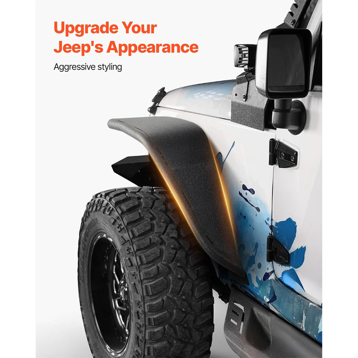 Fender Flare, Front & Rear Jeep Fender Flares Compatible with 2007-2018 Jeep JK/JKU 2/4 Doors, Fine-Textured Black Paintable Off-Road Steel Liner Set, Fenders for Jeep JK, Rust-Resistant Coating