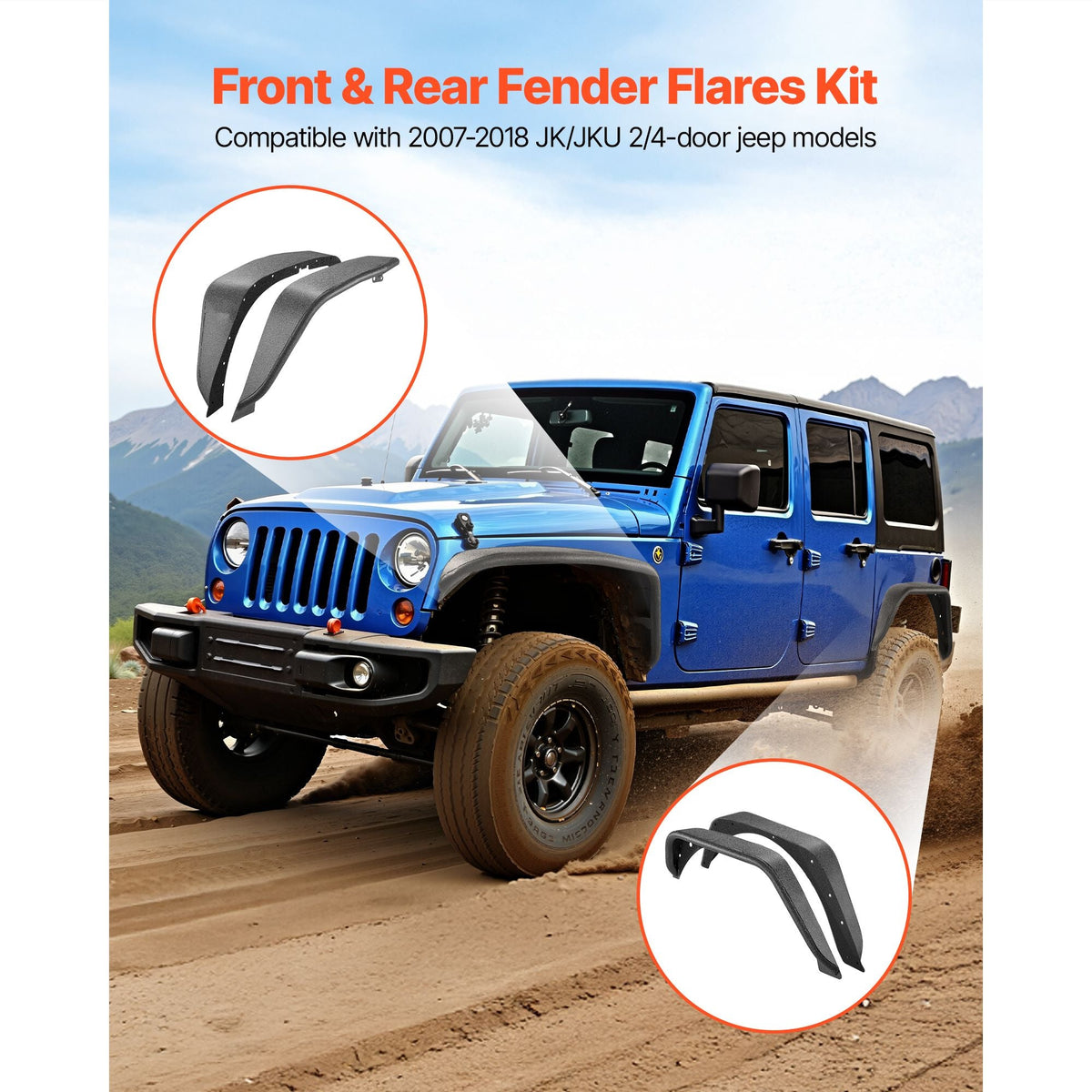Fender Flare, Front & Rear Jeep Fender Flares Compatible with 2007-2018 Jeep JK/JKU 2/4 Doors, Fine-Textured Black Paintable Off-Road Steel Liner Set, Fenders for Jeep JK, Rust-Resistant Coating