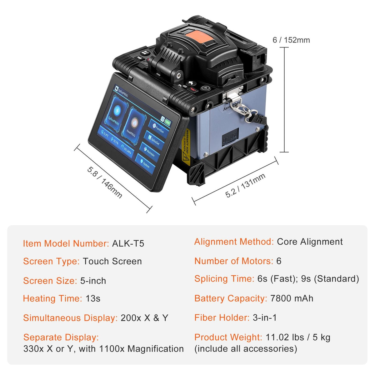 Fiber Fusion Splicer 6 Motors, Core Alignment Fiber Optic Splicer 6s Splicing & 13s Heating, Fiber Splicer Machine with 5" Touch Screen, 3 in 1 Fiber Holder, 7800mAh Battery for SM MM DS NZDS