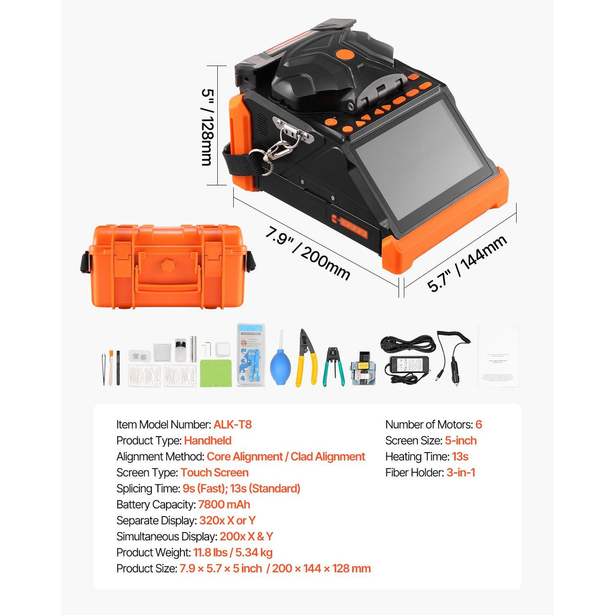 Fiber Fusion Splicer 6 Motors, Core & Clad Alignment Fibers Optic Splicer with 6s Fast Splicing and 13s Heating, 5" Touch Screen, 3 in 1 Fiber Holder, 7800mAh Battery for SM MM DS NZDS Fibers