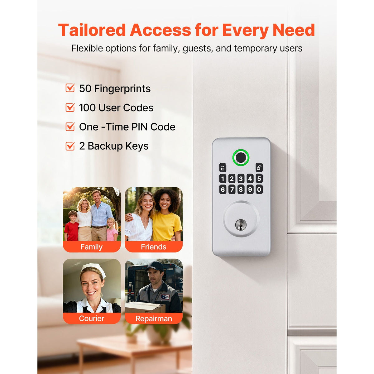 Fingerprint Door Lock, Electronic Biometric Deadbolt with Pioneering Easy-Grip Design, Auto Locking, One-Time Code, Anti-Peeking Password, Keyless Entry Door Lock for Home, Apartment, Silver