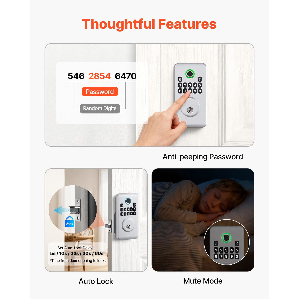 Fingerprint Door Lock, Electronic Biometric Deadbolt with Pioneering Easy-Grip Design, Auto Locking, One-Time Code, Anti-Peeking Password, Keyless Entry Door Lock for Home, Apartment, Silver