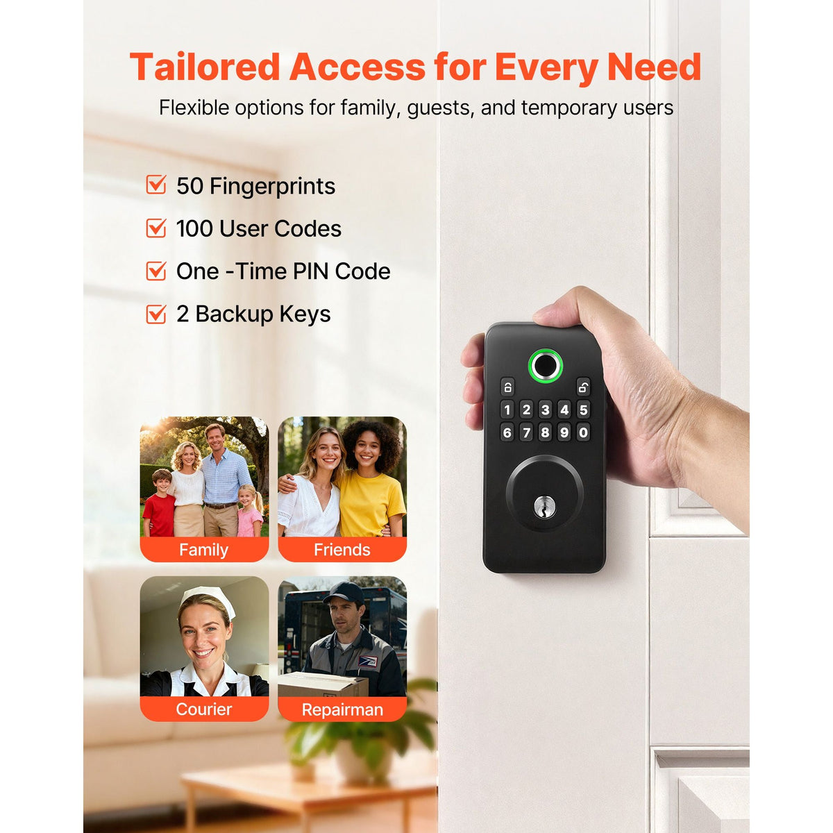 Fingerprint Door Lock, Electronic Biometric Deadbolt with Pioneering Easy-Grip Design, Auto Locking, One-Time Code, Anti-Peeking Password, Keyless Entry Door Lock for Home Use, Matte Black