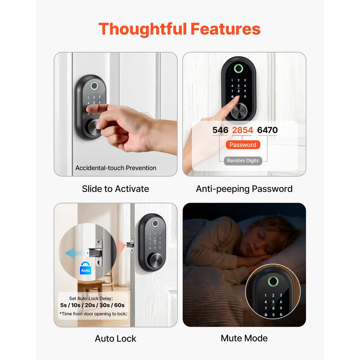 Fingerprint Door Lock, Electronic Biometric Deadbolt with Touchscreen, Auto Locking, One-Time Code, Anti-Peeking Password, Keyless Entry Door Lock with IC Cards, for Home, Apartment, Matte Black