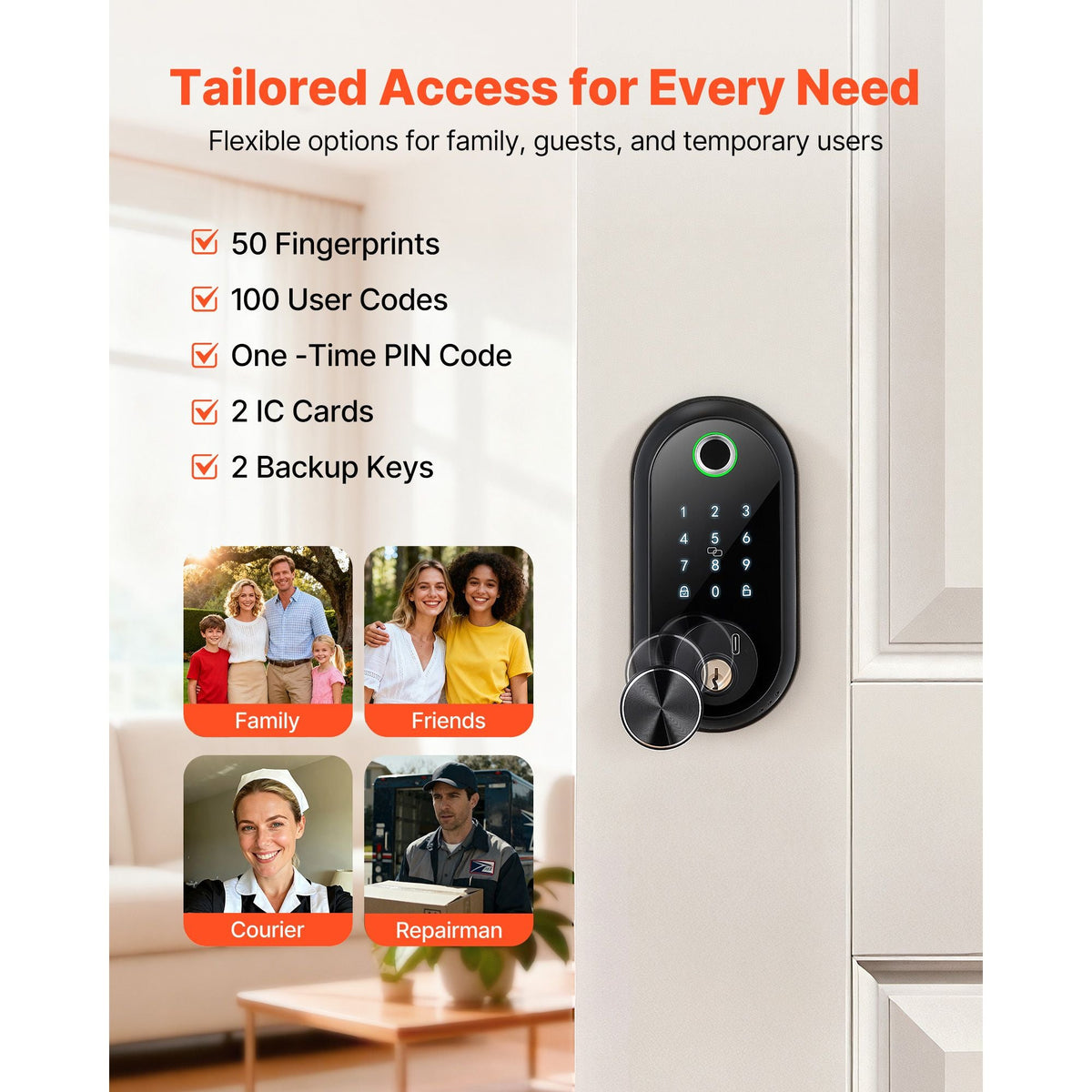 Fingerprint Door Lock, Electronic Biometric Deadbolt with Touchscreen, Auto Locking, One-Time Code, Anti-Peeking Password, Keyless Entry Door Lock with IC Cards, for Home, Apartment, Matte Black