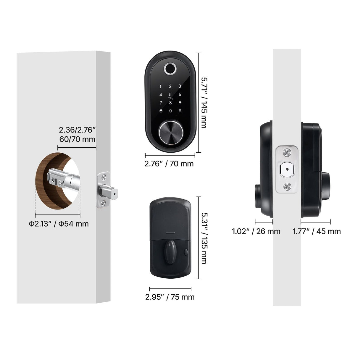 Fingerprint Door Lock, Electronic Biometric Deadbolt with Touchscreen, Auto Locking, One-Time Code, Anti-Peeking Password, Keyless Entry Door Lock with IC Cards, for Home, Apartment, Matte Black