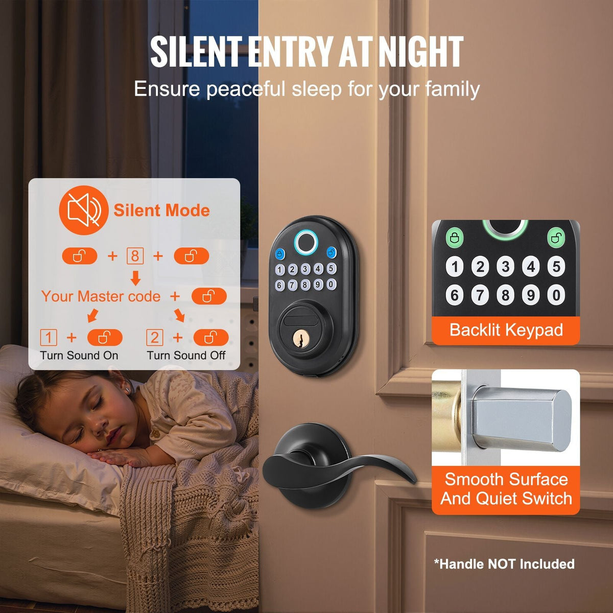 Fingerprint Door Lock, with Fingerprint/Keypad Code/Key, One-Time and Anti-Peeking Password, Silent Mode, Constant Unlock Mode, Aluminum Alloy Panel, Electronic Keypad Deadbolt for Entry Doors