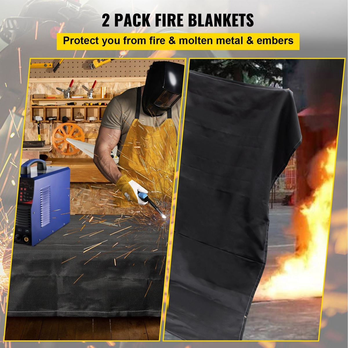 Fire Blankets, 2 Pack Welding Blankets, 6\' x 10\' Fire Suppression Blanket, 1022 Fahrenheit Flame Retardant Blanket, Fiberglass Fire Retardant Blanket with 8 Brass Gromme
