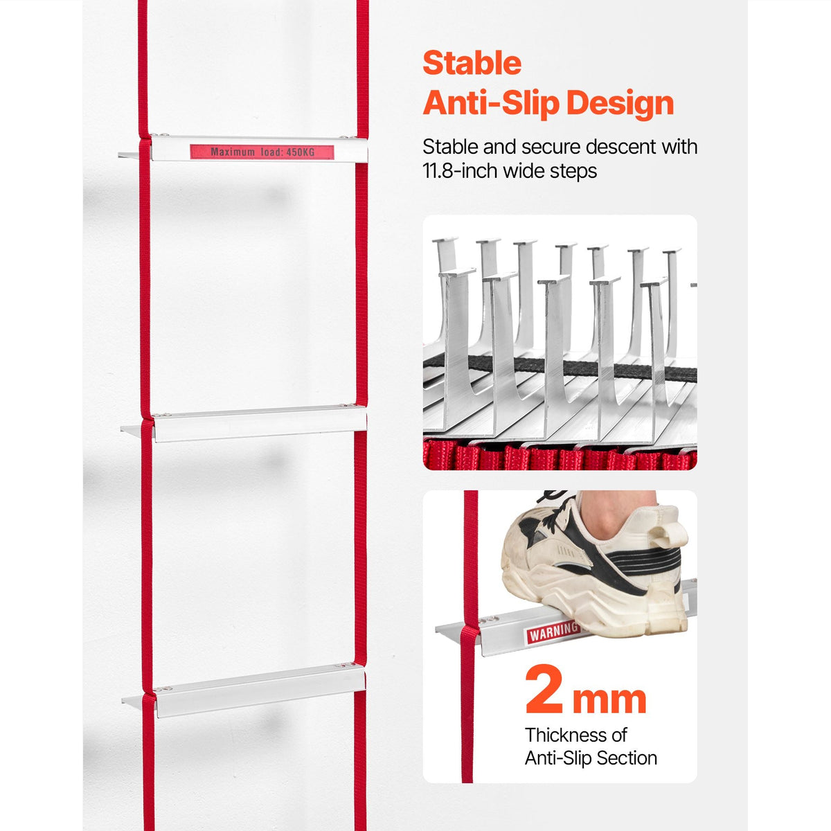 Fire Escape Ladder, 5-6 Story 50FT Retractable Emergency Fire Ladder, Lightweight Aluminum Alloy Safety Escape Ladders with Sturdy Polyester Strap, Anti-Slip & Wide Rungs, 1000LBS Max Loading