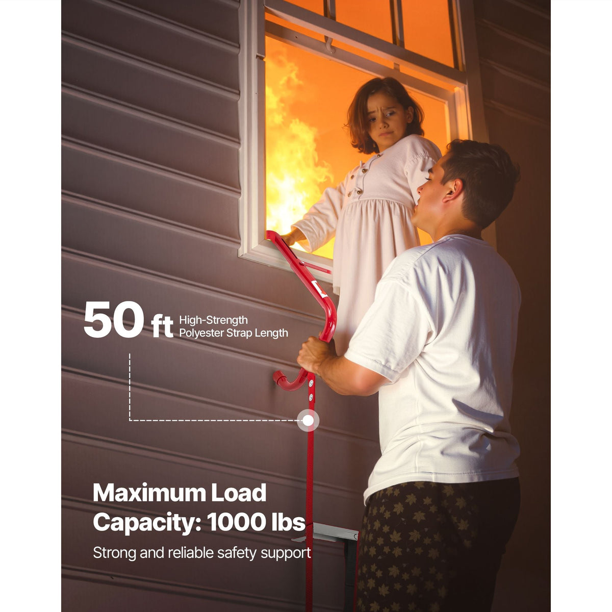 Fire Escape Ladder, 5-6 Story 50FT Retractable Emergency Fire Ladder, Lightweight Aluminum Alloy Safety Escape Ladders with Sturdy Polyester Strap, Anti-Slip & Wide Rungs, 1000LBS Max Loading