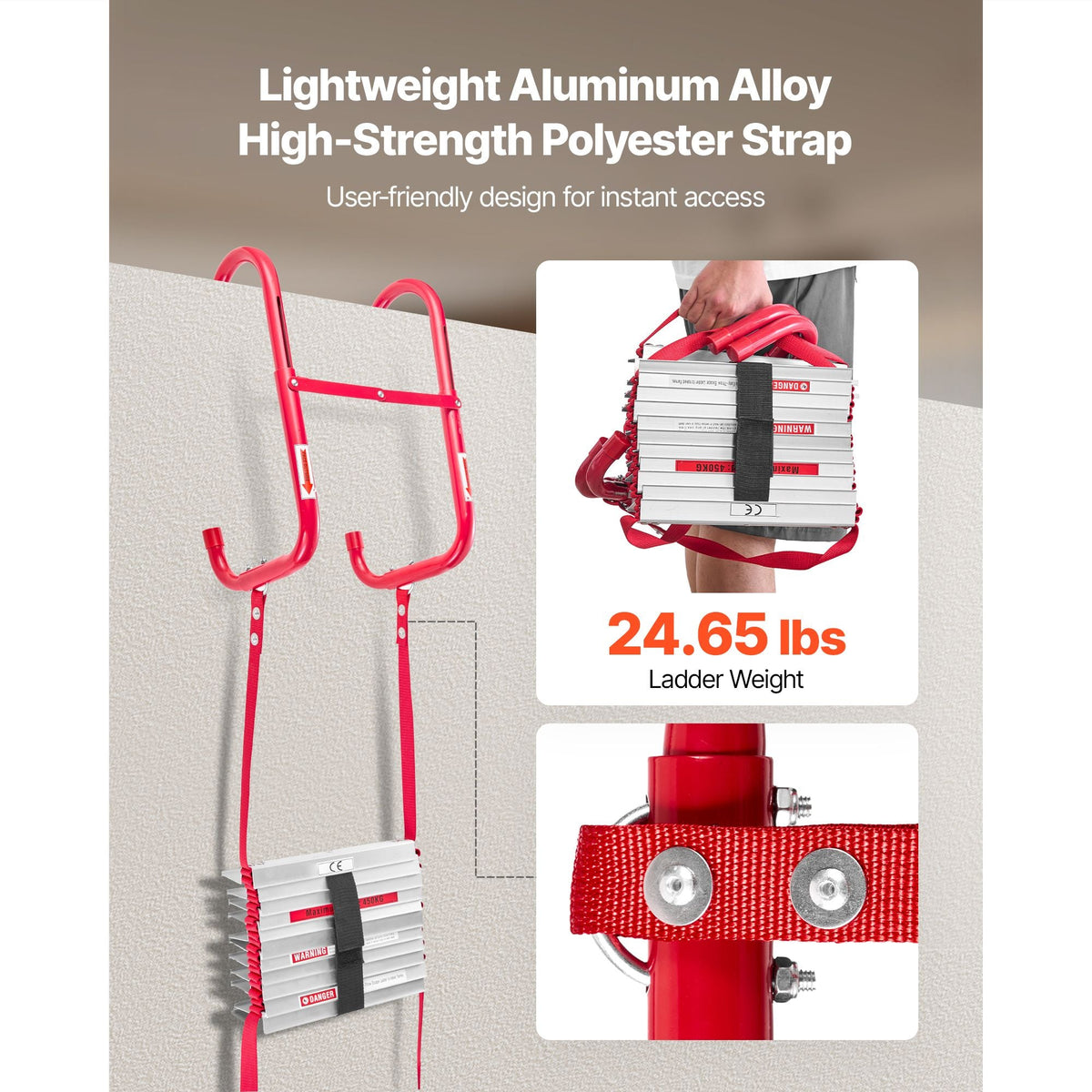 Fire Escape Ladder, 5-6 Story 50FT Retractable Emergency Fire Ladder, Lightweight Aluminum Alloy Safety Escape Ladders with Sturdy Polyester Strap, Anti-Slip & Wide Rungs, 1000LBS Max Loading
