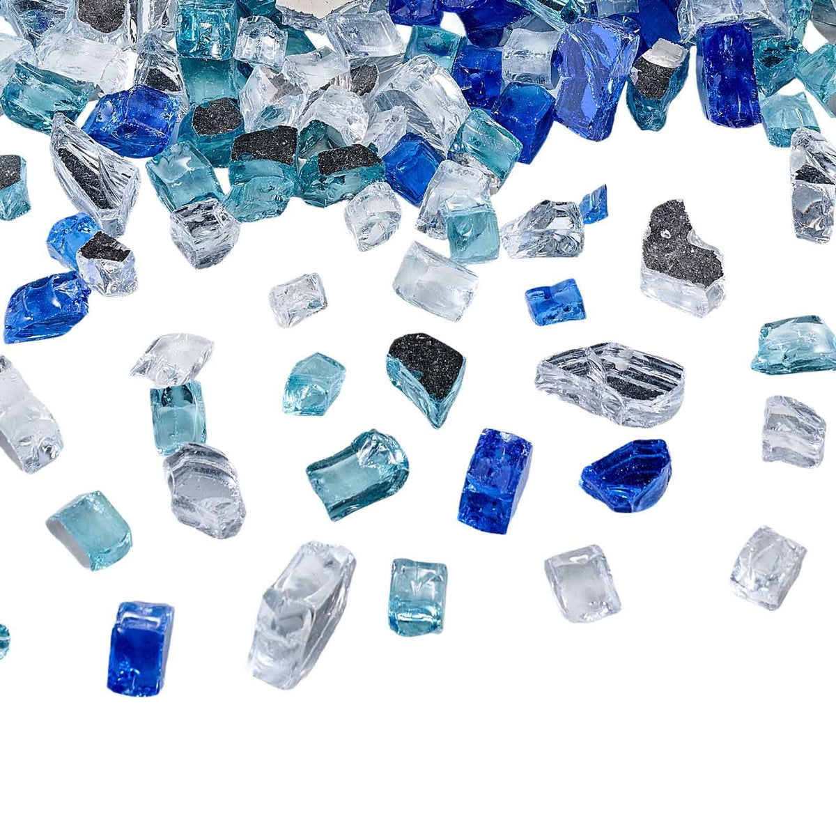 Fire Glass, 10 LBS / 4.5 KG Fireplace Rocks, 1/2-Inch / 12.7 mm Reflective Firepit Glass Rock, High Luster & Smokeless Stone Landscaping for Fire Pit Table, Cobalt Blue + Aqua Blue + Clear