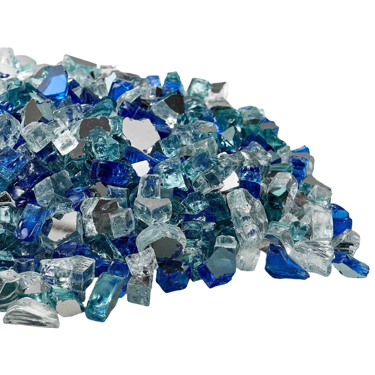 Fire Glass, 10 LBS / 4.5 KG Fireplace Rocks, 1/2-Inch / 12.7 mm Reflective Firepit Glass Rock, High Luster & Smokeless Stone Landscaping for Fire Pit Table, Cobalt Blue + Aqua Blue + Clear