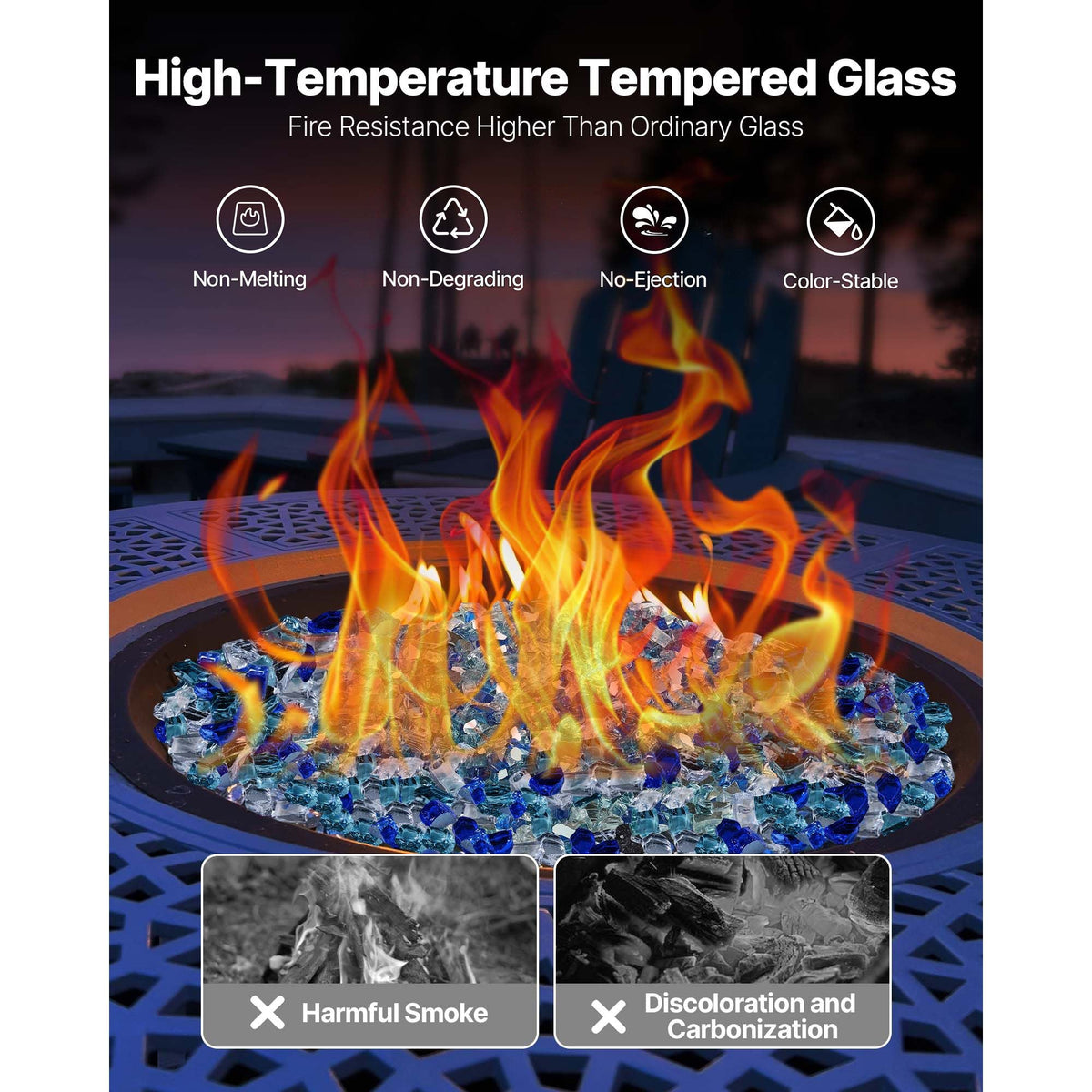 Fire Glass, 10 LBS / 4.5 KG Fireplace Rocks, 1/2-Inch / 12.7 mm Reflective Firepit Glass Rock, High Luster & Smokeless Stone Landscaping for Fire Pit Table, Cobalt Blue + Aqua Blue + Clear