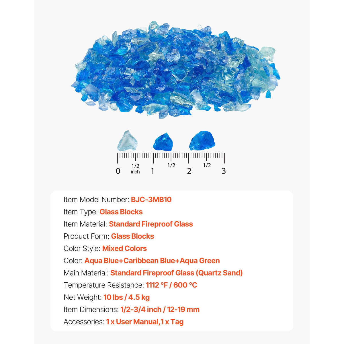 Fire Glass, 10 LBS / 4.5 KG Fireplace Rocks, 3/4-Inch / 19.05 mm Reflective Firepit Glass Rock, High Luster Stone Landscaping for Fire Pit Table, Aqua Blue + Caribbean Blue + Aqua Green