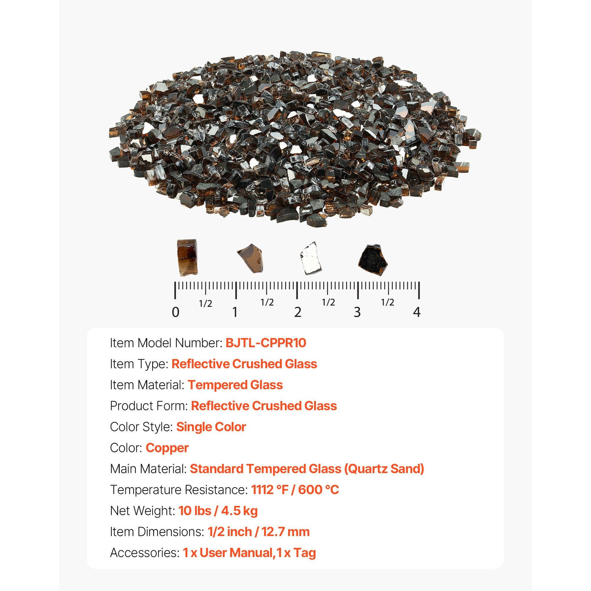 Fire Glass, 10 LBS / 4.5 KG High-Temperature Resistant Fireplace Rocks, 1/2-Inch / 12.7 mm Reflective & Smokeless Firepit Glass Rock, High Luster Stone Landscaping for Fire Pit Table, Copper