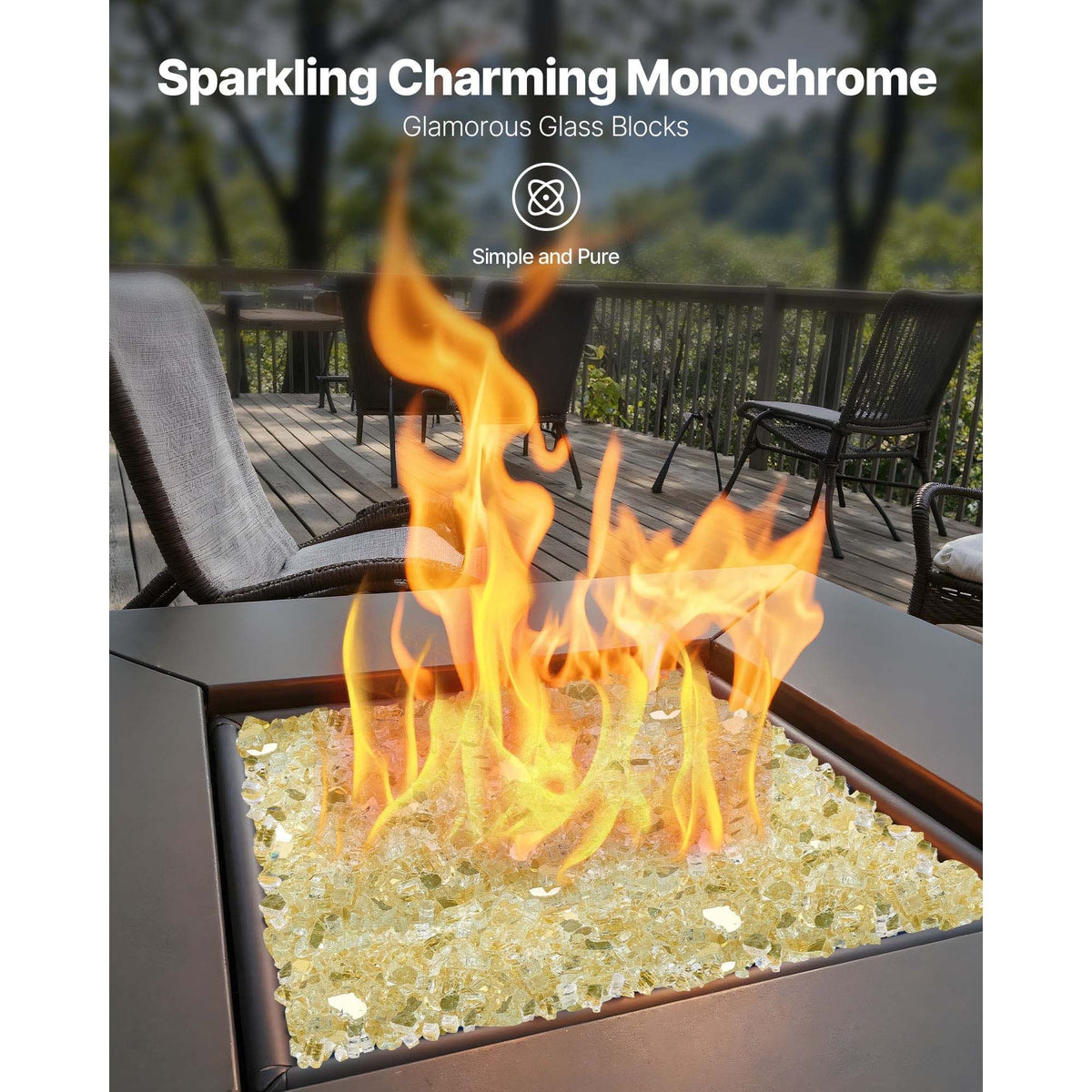 Fire Glass, 10 LBS / 4.5 KG High-Temperature Resistant Fireplace Rocks, 1/2-Inch / 12.7 mm Reflective & Smokeless Firepit Glass Rock, High Luster Stone Landscaping for Fire Pit Table, Gold