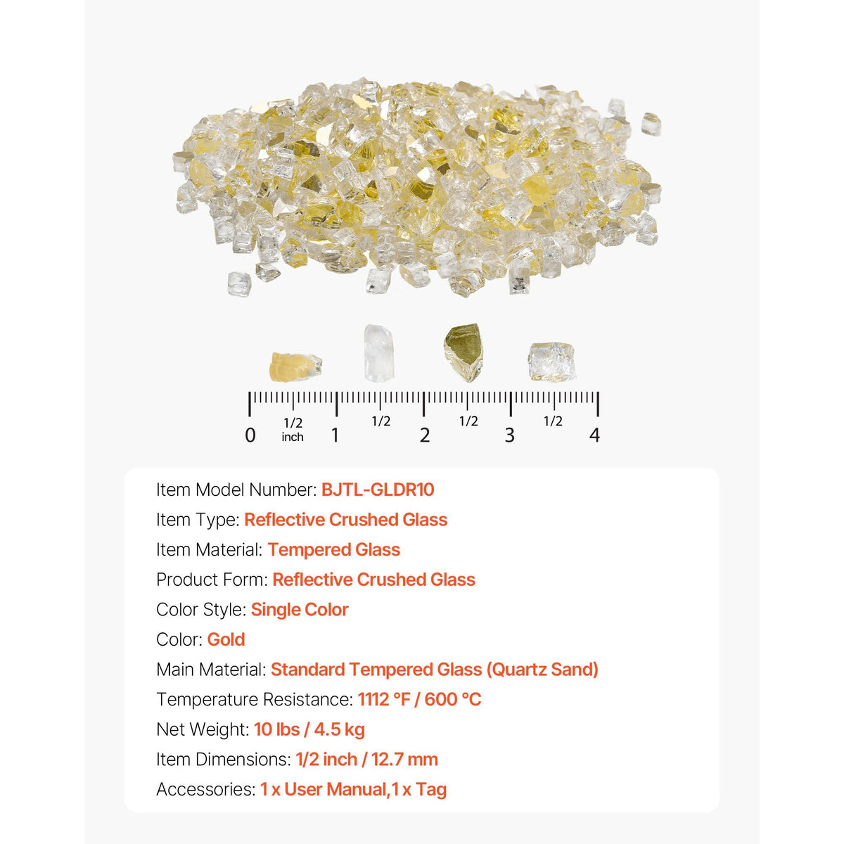 Fire Glass, 10 LBS / 4.5 KG High-Temperature Resistant Fireplace Rocks, 1/2-Inch / 12.7 mm Reflective & Smokeless Firepit Glass Rock, High Luster Stone Landscaping for Fire Pit Table, Gold