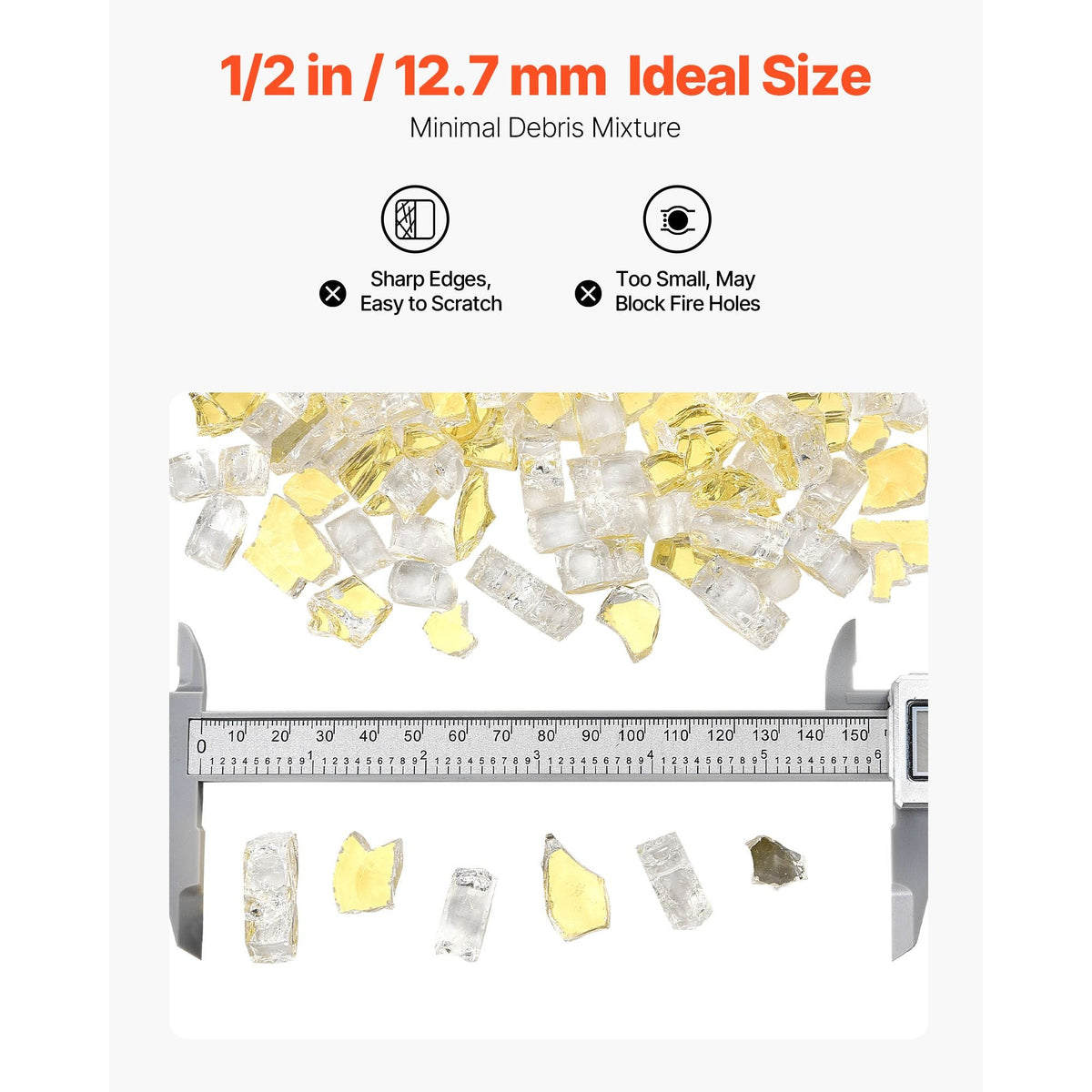 Fire Glass, 10 LBS / 4.5 KG High-Temperature Resistant Fireplace Rocks, 1/2-Inch / 12.7 mm Reflective & Smokeless Firepit Glass Rock, High Luster Stone Landscaping for Fire Pit Table, Gold