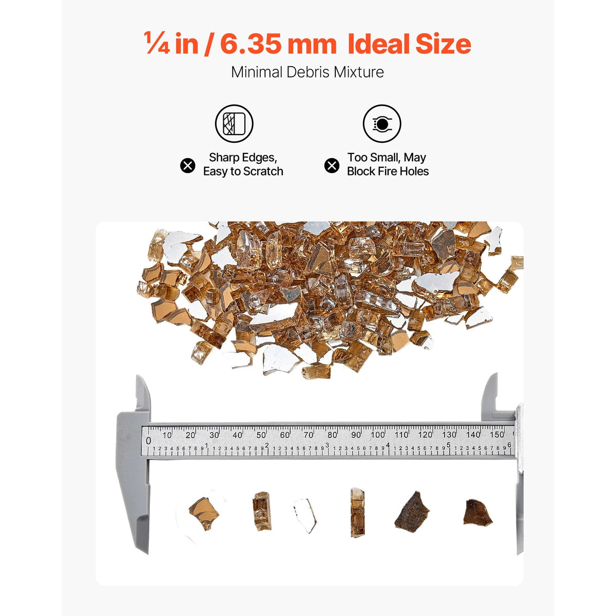 Fire Glass, 10 LBS / 4.5 KG High-Temperature Resistant Fireplace Rocks, 1/4-Inch / 6.35 mm Reflective & Smokeless Firepit Glass Rock, High Luster Stone Landscaping for Fire Pit Table, Copper