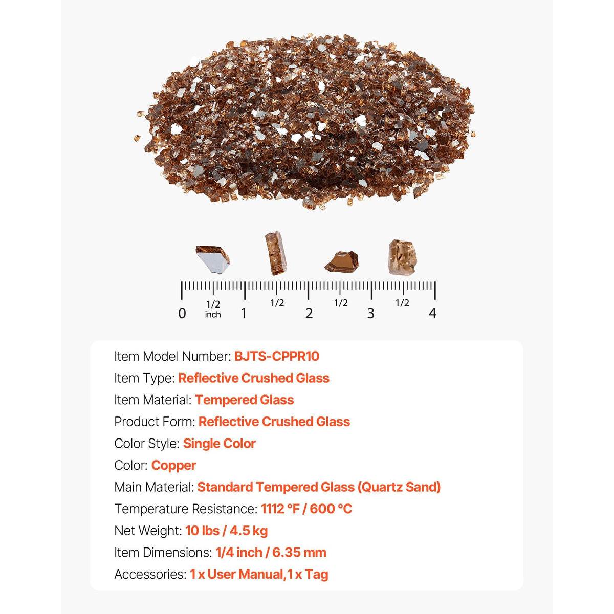 Fire Glass, 10 LBS / 4.5 KG High-Temperature Resistant Fireplace Rocks, 1/4-Inch / 6.35 mm Reflective & Smokeless Firepit Glass Rock, High Luster Stone Landscaping for Fire Pit Table, Copper