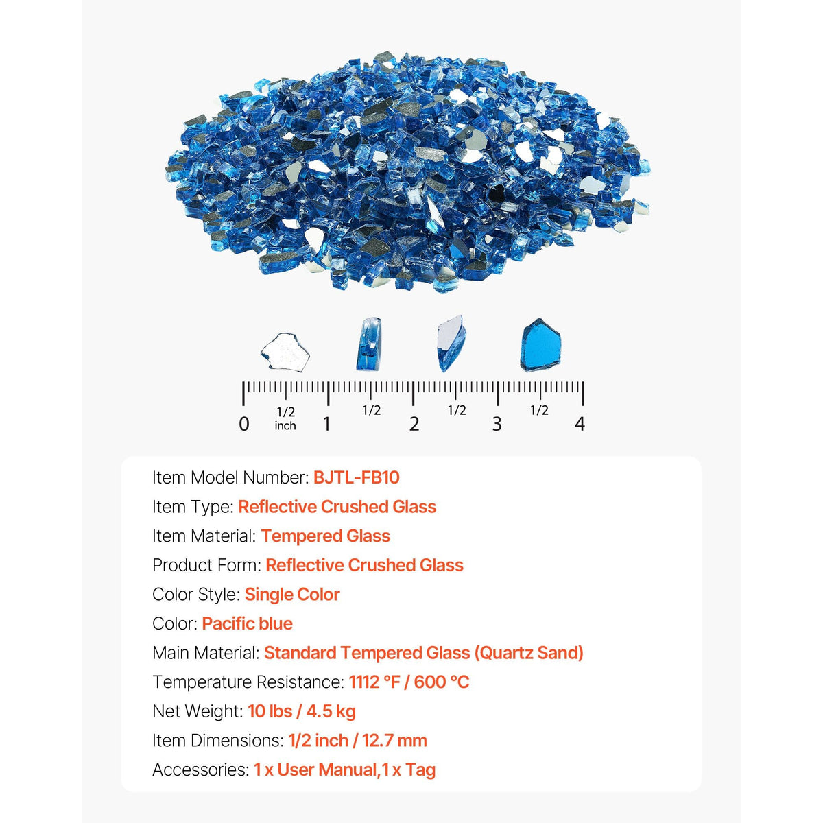Fire Glass, 10LBS / 4.5KG High-Temperature Resistant Fireplace Rocks, 1/2-Inch / 12.7 mm Reflective & Smokeless Firepit Glass Rock, High Luster Stone Landscaping for Fire Pit Table, Pacific Blue