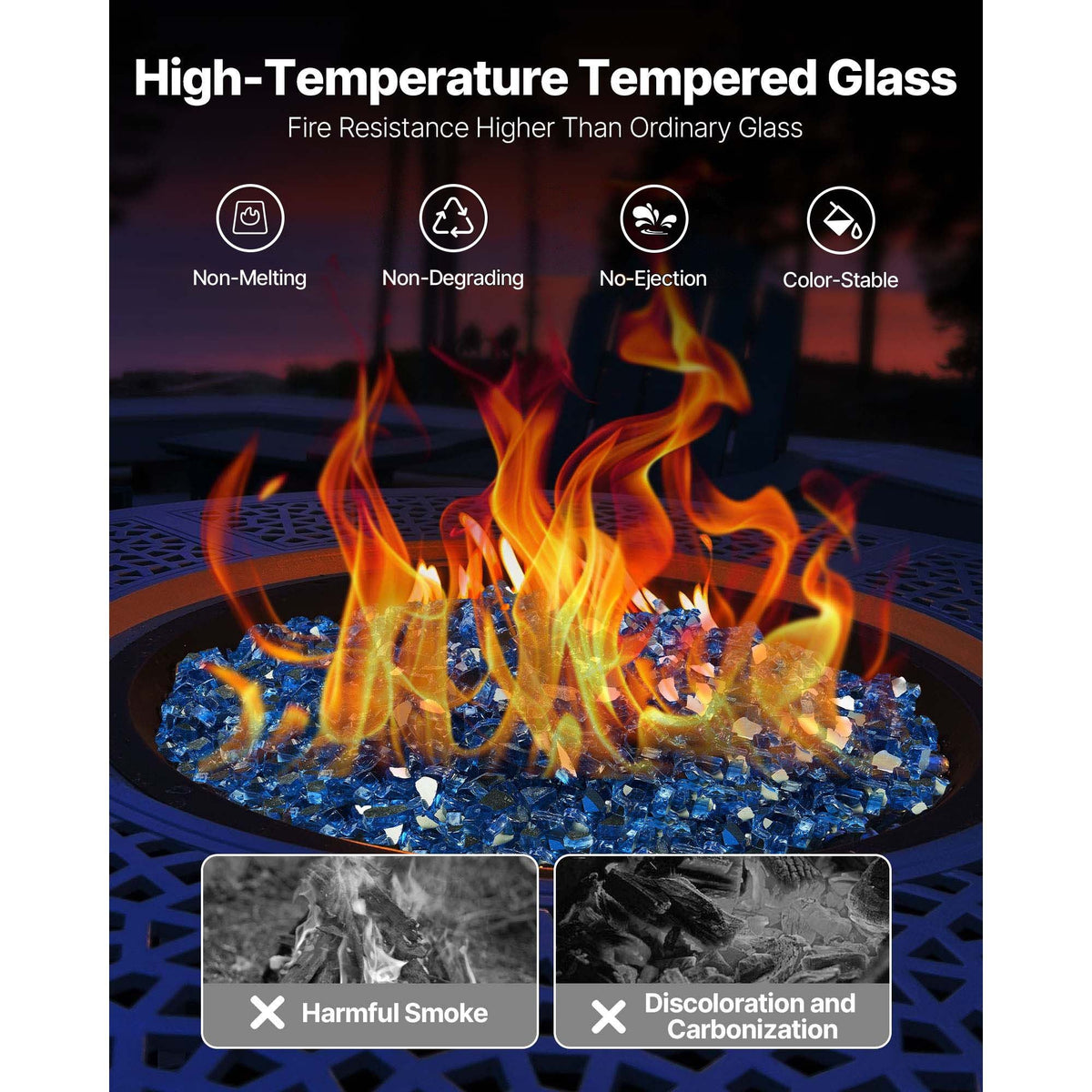 Fire Glass, 10LBS / 4.5KG High-Temperature Resistant Fireplace Rocks, 1/2-Inch / 12.7 mm Reflective & Smokeless Firepit Glass Rock, High Luster Stone Landscaping for Fire Pit Table, Pacific Blue