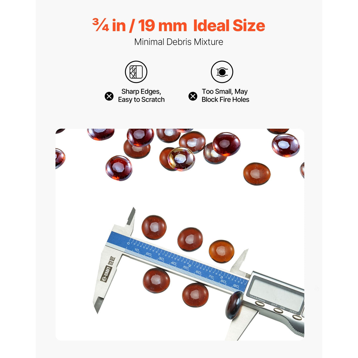 Fire Glass, 10LBS / 4.5KG High-Temperature Resistant Fireplace Rocks, 3/4-Inch / 19.05 mm Reflective & Smokeless Firepit Glass Beads, High Luster Stone Landscaping for Fire Pit Table, Rich Amber