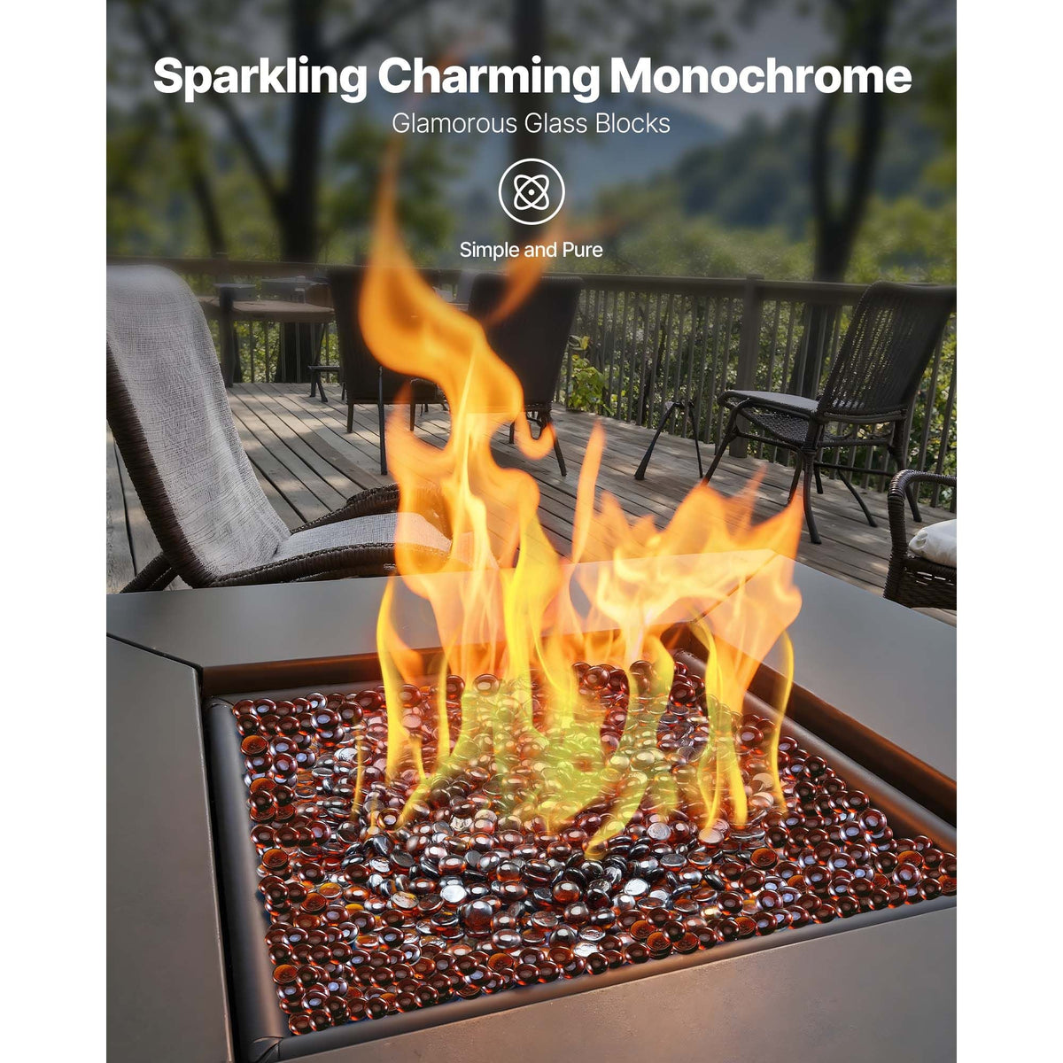 Fire Glass, 10LBS / 4.5KG High-Temperature Resistant Fireplace Rocks, 3/4-Inch / 19.05 mm Reflective & Smokeless Firepit Glass Beads, High Luster Stone Landscaping for Fire Pit Table, Rich Amber