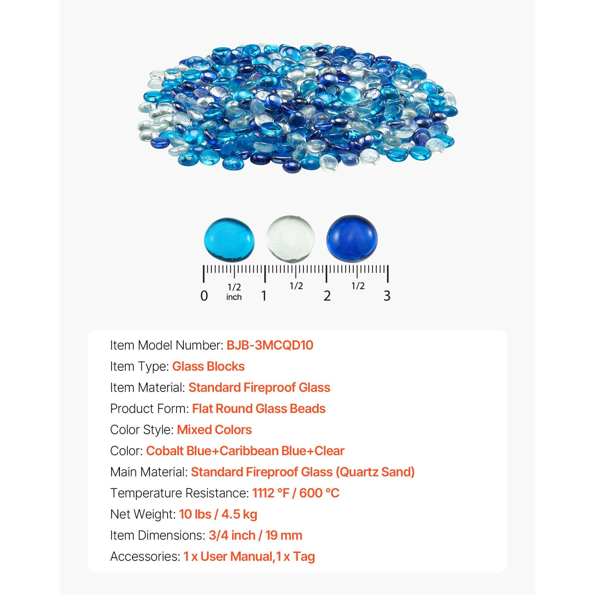Fire Glass, 10LBS / 4.5KG Smokeless & Fireplace Rocks, 3/4-Inch / 19.05 mm Reflective Firepit Glass Beads, High Luster Stone Landscaping for Fire Pit Table, Cobalt Blue + Caribbean Blue + Clear