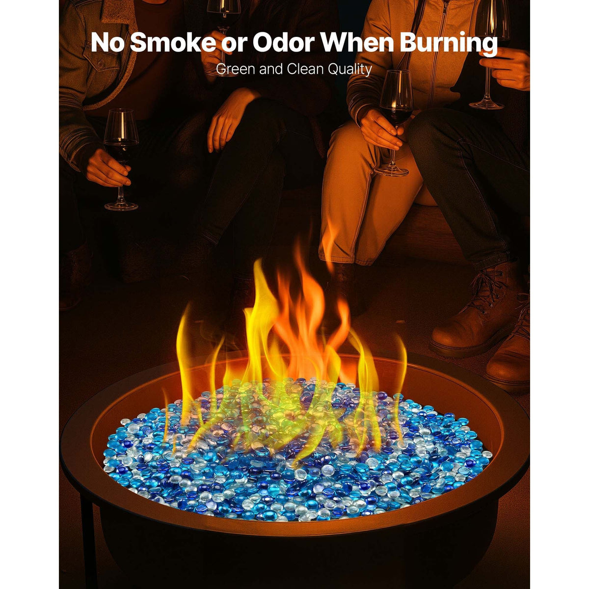 Fire Glass, 10LBS / 4.5KG Smokeless & Fireplace Rocks, 3/4-Inch / 19.05 mm Reflective Firepit Glass Beads, High Luster Stone Landscaping for Fire Pit Table, Cobalt Blue + Caribbean Blue + Clear