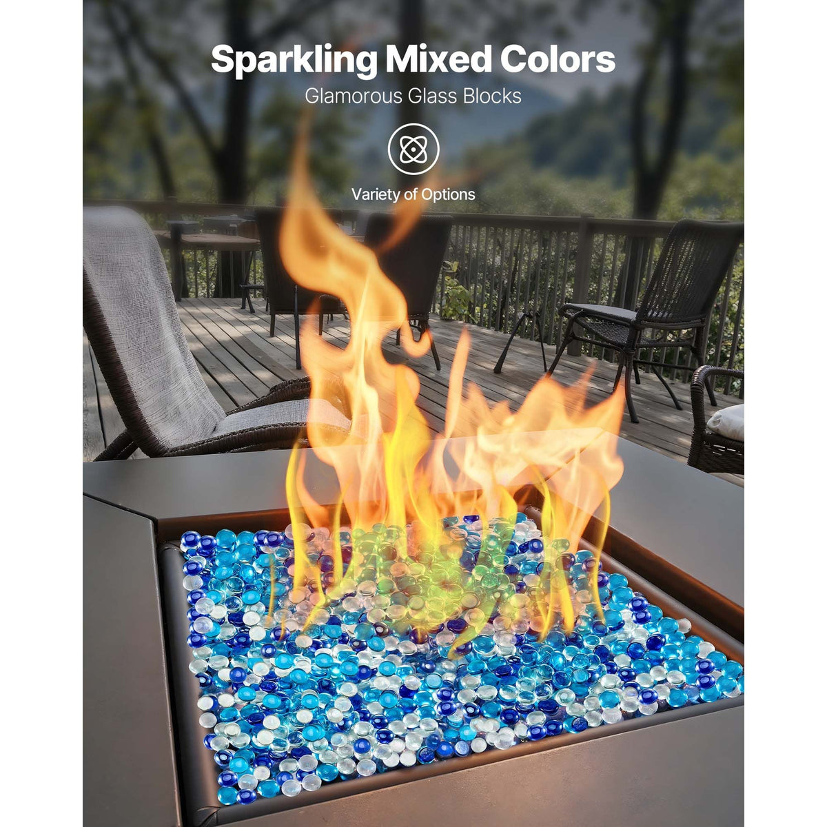 Fire Glass, 10LBS / 4.5KG Smokeless & Fireplace Rocks, 3/4-Inch / 19.05 mm Reflective Firepit Glass Beads, High Luster Stone Landscaping for Fire Pit Table, Cobalt Blue + Caribbean Blue + Clear