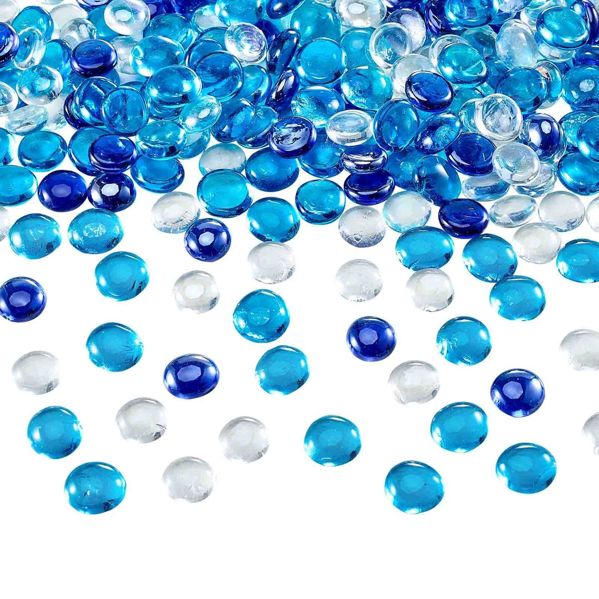 Fire Glass, 10LBS / 4.5KG Smokeless & Fireplace Rocks, 3/4-Inch / 19.05 mm Reflective Firepit Glass Beads, High Luster Stone Landscaping for Fire Pit Table, Cobalt Blue + Caribbean Blue + Clear