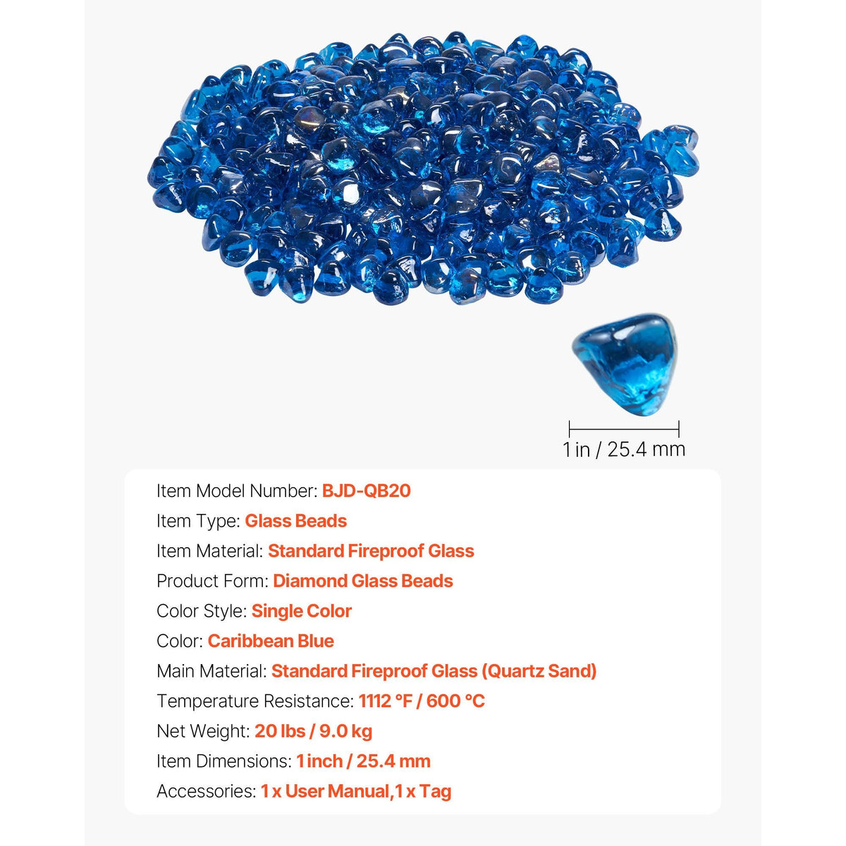Fire Glass, 20 LBS / 9 KG High-Temperature Resistant Fireplace Rocks, 1 Inch / 25.4 mm Reflective Firepit Glass Diamond Beads, High Luster Stone Landscaping for Fire Pit Table, Caribbean Blue