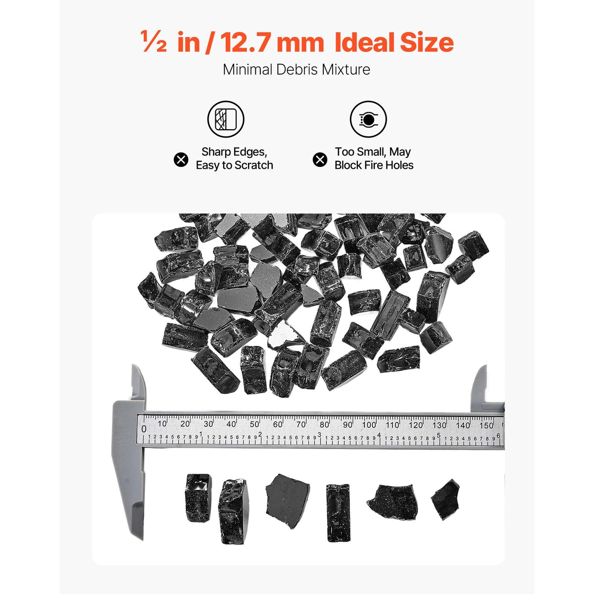 Fire Glass, 20 LBS / 9.0 KG High-Temperature Resistant Fireplace Rocks, 1/2-Inch / 12.7 mm Reflective & Smokeless Firepit Glass Rock, High Luster Stone Landscaping for Fire Pit Table, Black