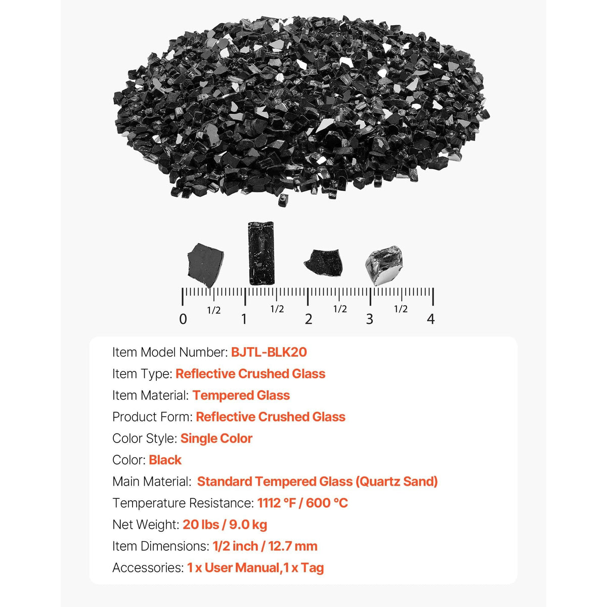 Fire Glass, 20 LBS / 9.0 KG High-Temperature Resistant Fireplace Rocks, 1/2-Inch / 12.7 mm Reflective & Smokeless Firepit Glass Rock, High Luster Stone Landscaping for Fire Pit Table, Black