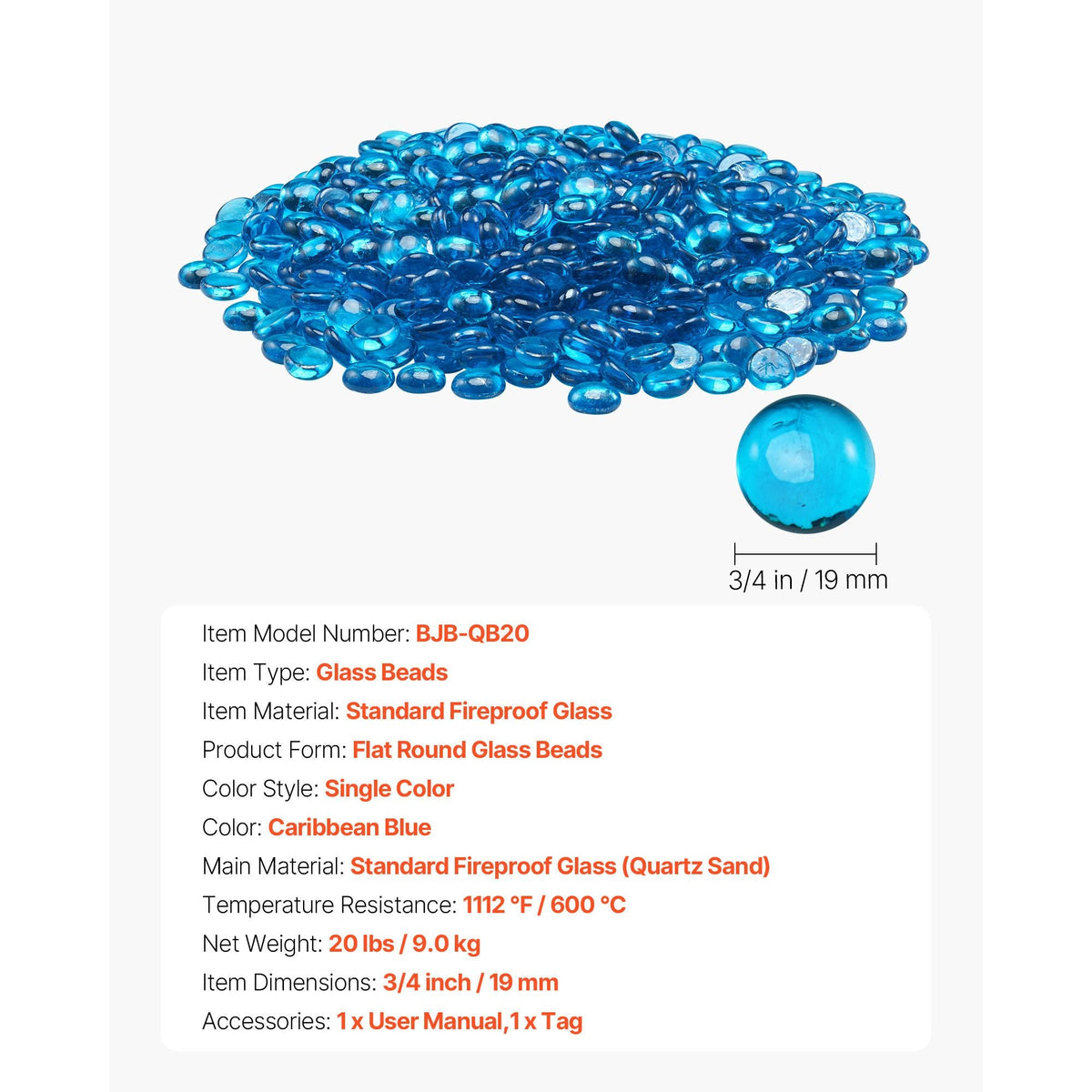Fire Glass, 20 lbs / 9.0 kg High-Temperature Resistant Fireplace Rocks, 3/4-Inch / 19.05 mm Reflective Firepit Glass Beads, High Luster Stone Landscaping for Fire Pit Table, Caribbean Blue