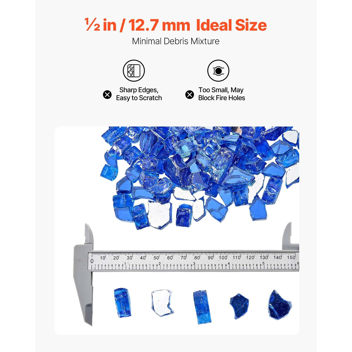 Fire Glass, 35LBS / 15.88KG High-Temperature Resistant Fireplace Rocks, 1/2-Inch / 12.7mm Reflective & Smokeless Firepit Glass Rock, High Luster Stone Landscaping for Fire Pit Table, Cobalt Blue
