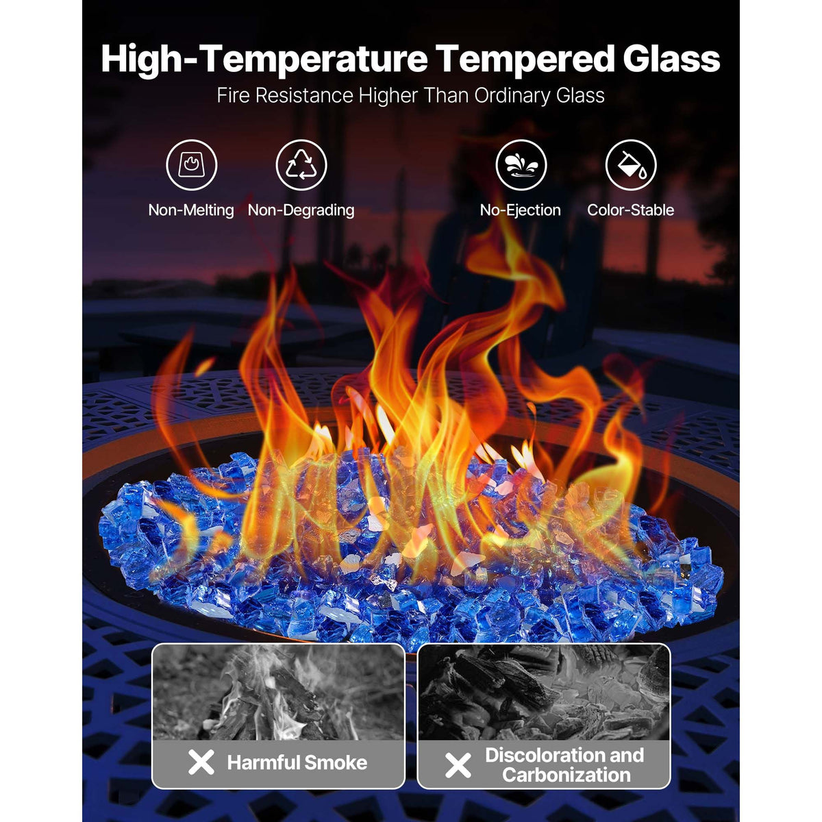 Fire Glass, 35LBS / 15.88KG High-Temperature Resistant Fireplace Rocks, 1/2-Inch / 12.7mm Reflective & Smokeless Firepit Glass Rock, High Luster Stone Landscaping for Fire Pit Table, Cobalt Blue