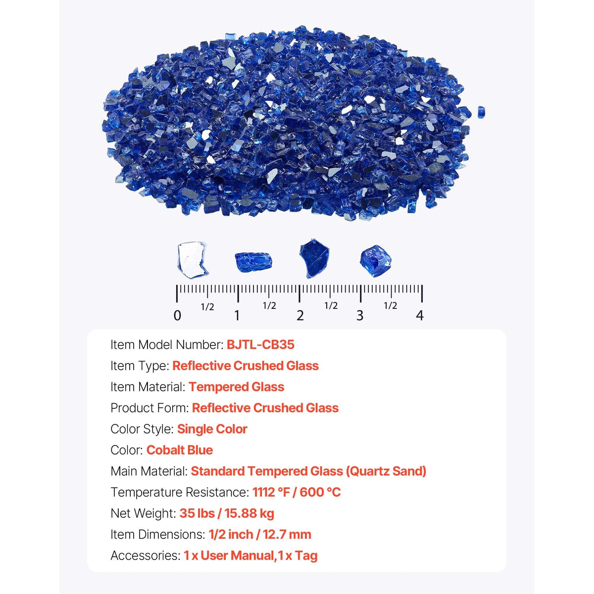Fire Glass, 35LBS / 15.88KG High-Temperature Resistant Fireplace Rocks, 1/2-Inch / 12.7mm Reflective & Smokeless Firepit Glass Rock, High Luster Stone Landscaping for Fire Pit Table, Cobalt Blue