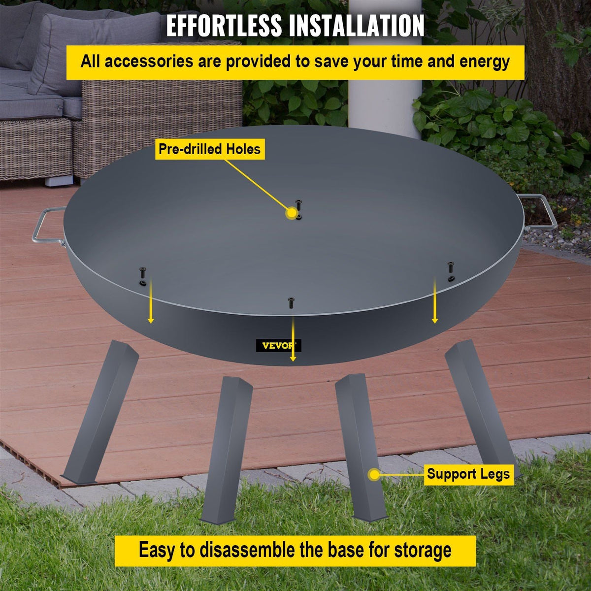 Fire Pit Bowl, 34-Inch Diameter Round Carbon Steel Fire Bowl, Wood Burning for Outdoor Patios, Backyards & Camping Uses, with A Drain Hole, Portable Handles and A Firewood Stick, Black