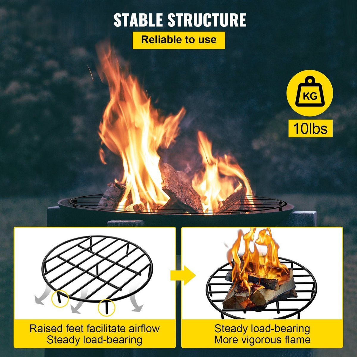 Fire Pit Grate, Heavy Duty Iron Round Firewood Grate, Round Wood Fire Pit Grate 24", Firepit Grate with Black Paint, Fire Grate with 7 Removable Round Legs for Burning Fireplace and Firepits