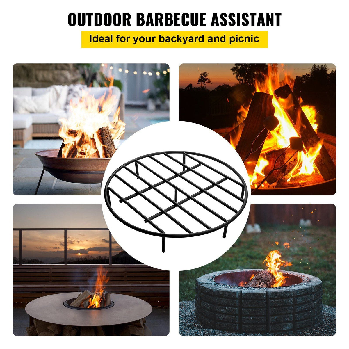 Fire Pit Grate, Heavy Duty Iron Round Firewood Grate, Round Wood Fire Pit Grate 24", Firepit Grate with Black Paint, Fire Grate with 7 Removable Round Legs for Burning Fireplace and Firepits