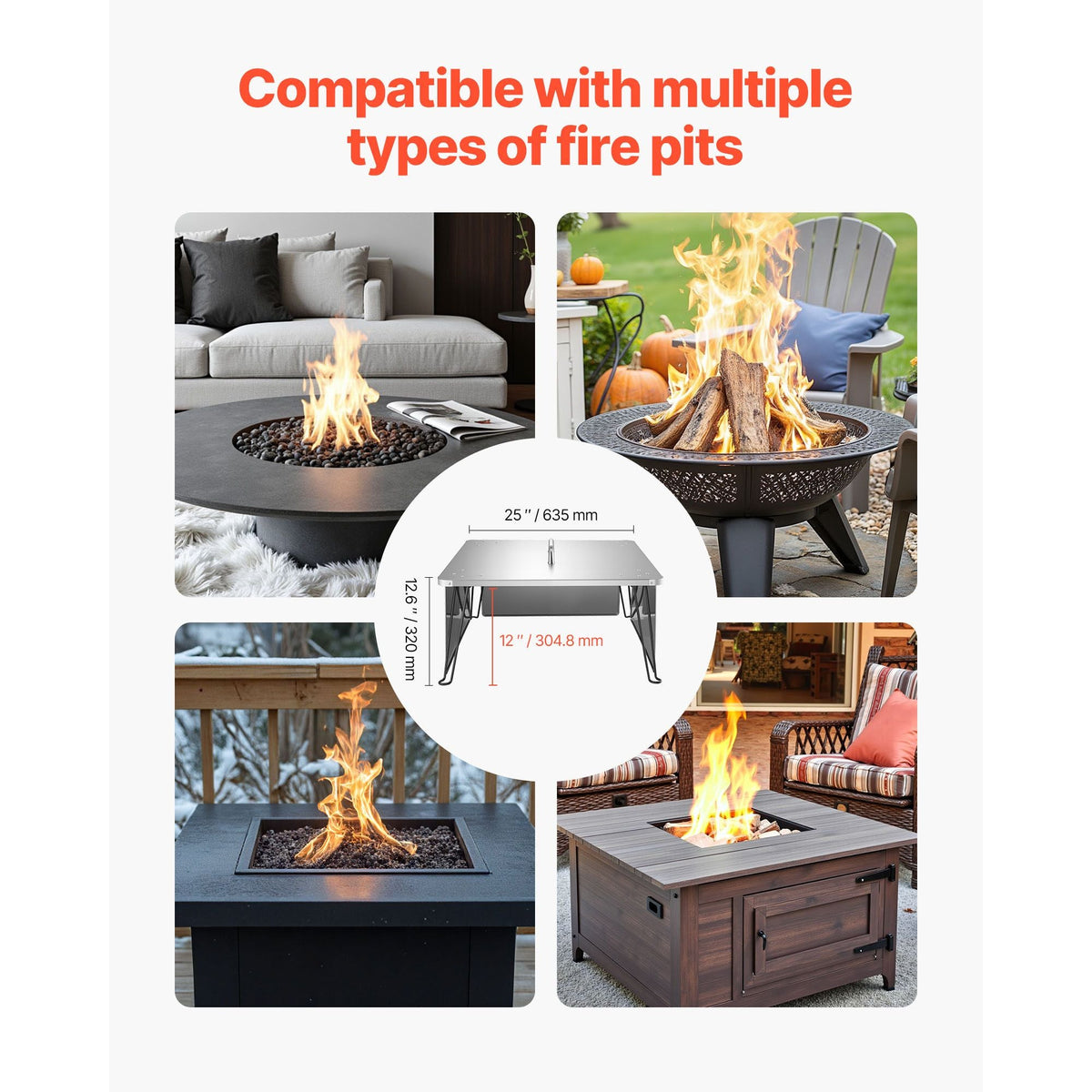 Fire Pit Heat Deflector, 25.4x25.4x14.6 inch Square Outdoor Burner Cover, Stainless Steel Bonfire Camping Wood Burning, Push Heat Down and Out with 4 Foldable Legs & Carrying Handle