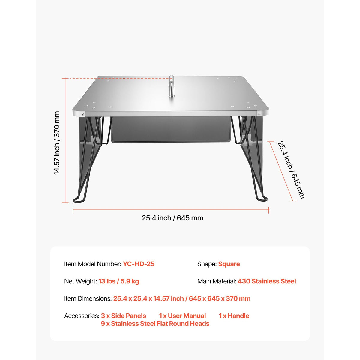 Fire Pit Heat Deflector, 25.4x25.4x14.6 inch Square Outdoor Burner Cover, Stainless Steel Bonfire Camping Wood Burning, Push Heat Down and Out with 4 Foldable Legs & Carrying Handle